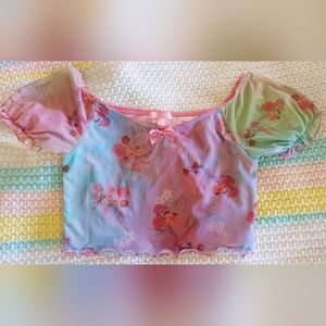 Sugar Thrillz Pastel Rainbow Butterfly Pixie Spritzer Ruffle Crop Top with Bow